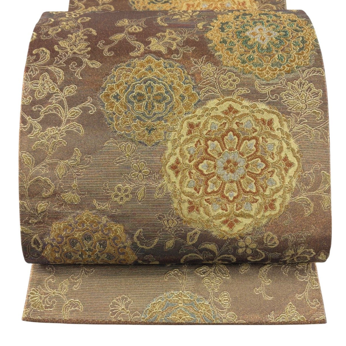 美品】 袋帯 秀品 川島織物 落款あり 華文 花唐草 金糸 薄茶色 六通
