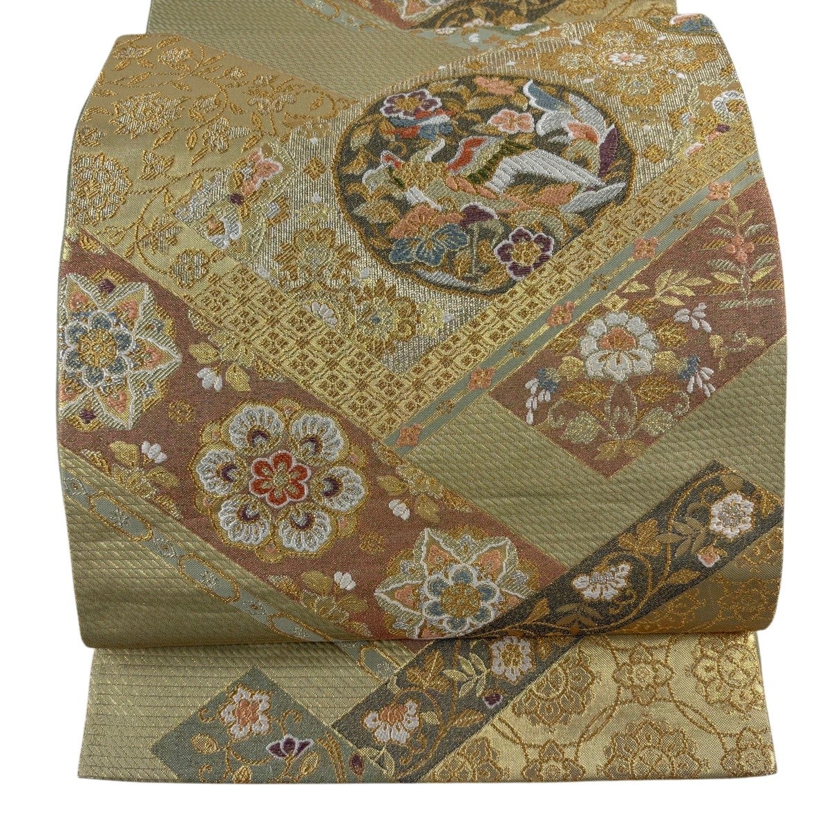 美品】 袋帯 逸品 鳳凰 華文 金華山織 金糸 金色 お太鼓柄 正絹｜中古