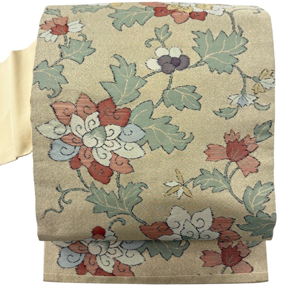 美品】 名古屋帯 優品 関西仕立て 草花 幾何学模様 銀糸 箔 ベージュ