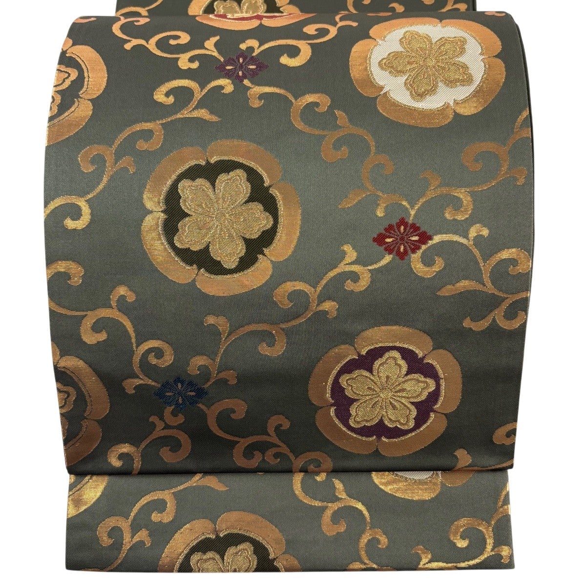 ZY-971 袋帯 花唐草 箔 金糸 波 正絹 六通 お洒落 名品 美品 袋帯 秀品 波 花唐草 金銀糸 箔 黒 六通 正絹｜