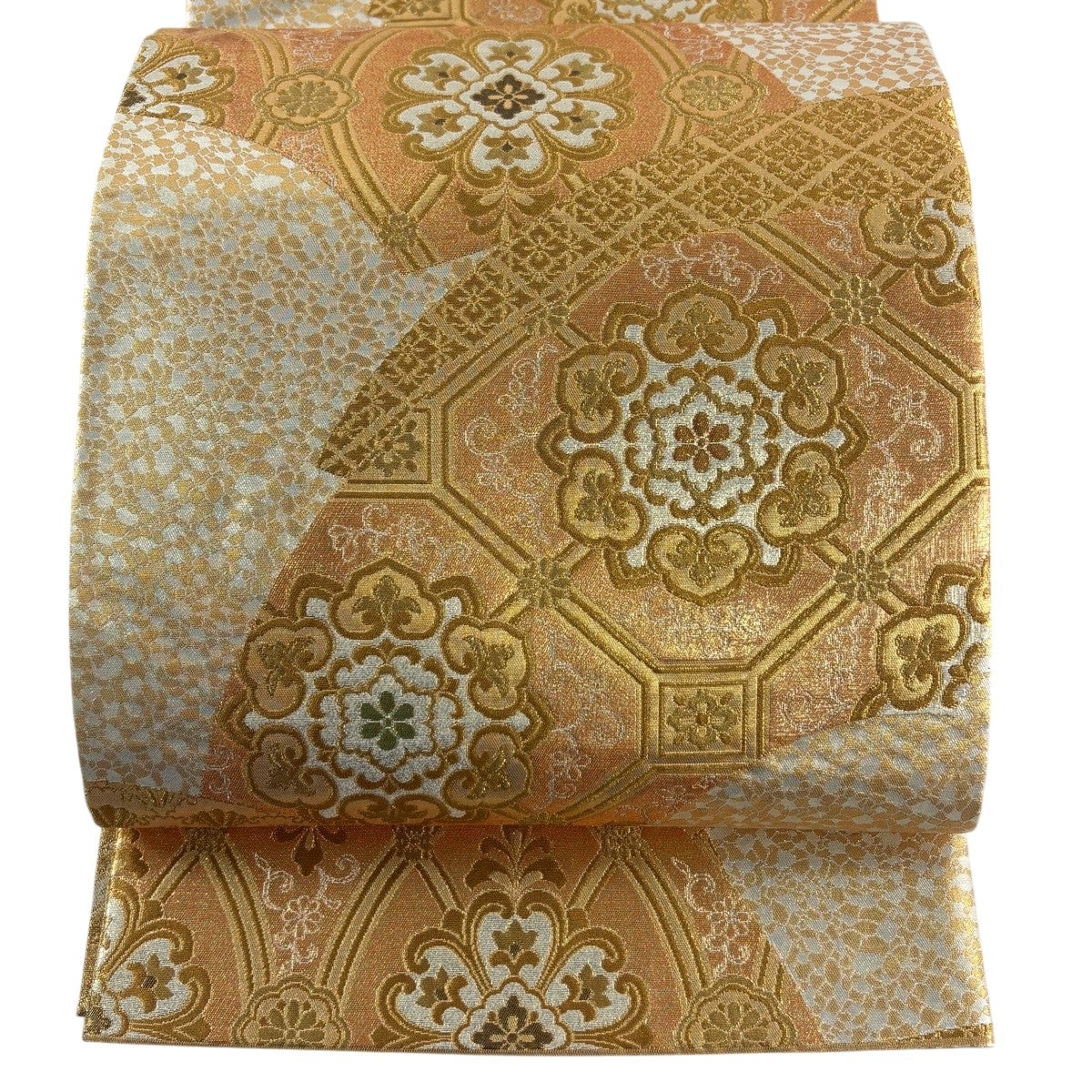 名古屋帯 秀品 八寸名古屋帯 松葉仕立て 蜀江華文 灰色 正絹｜中古