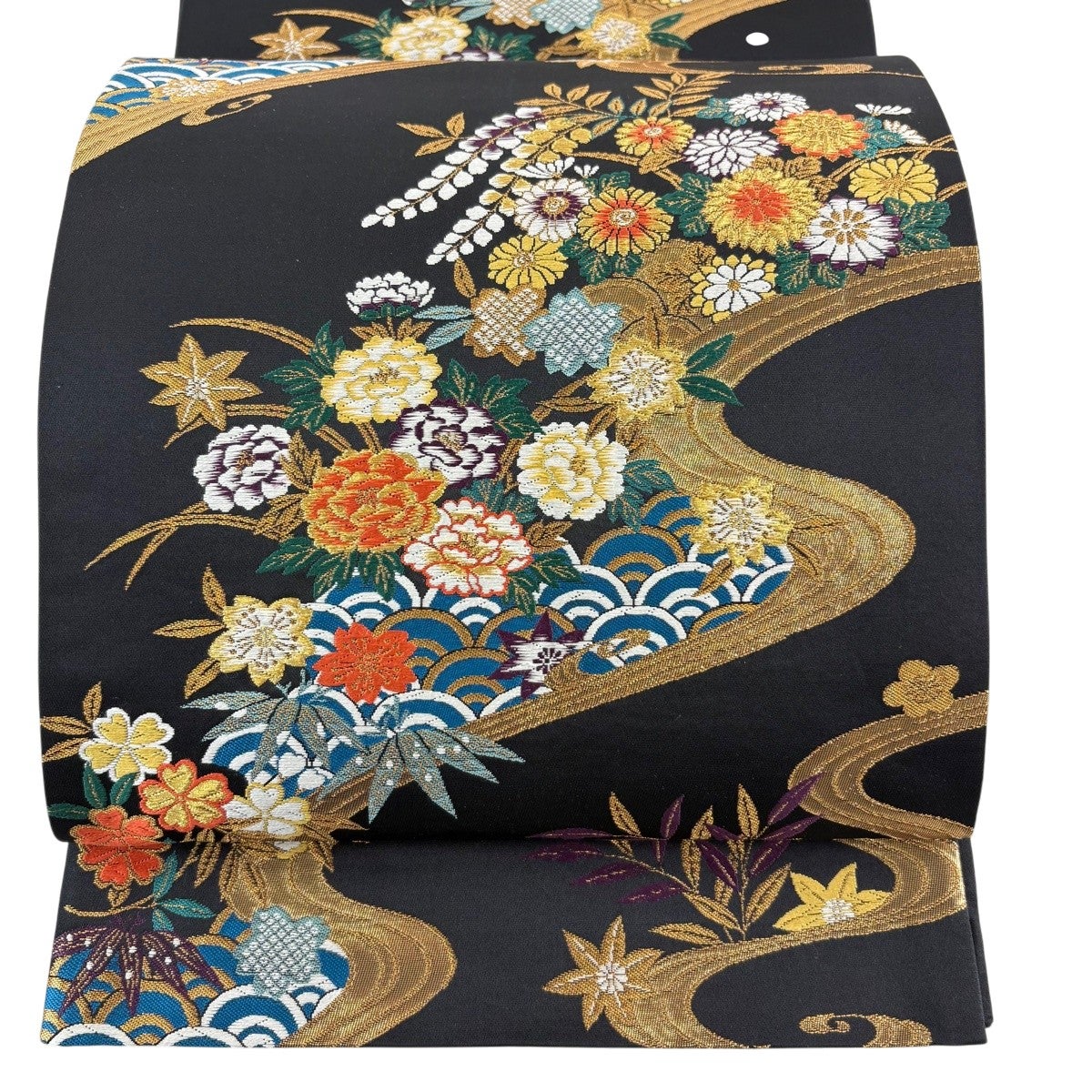 袋帯 美品 秀品 証紙 帯の伝道 華文 草花 金糸 黒 六通 正絹 中古
