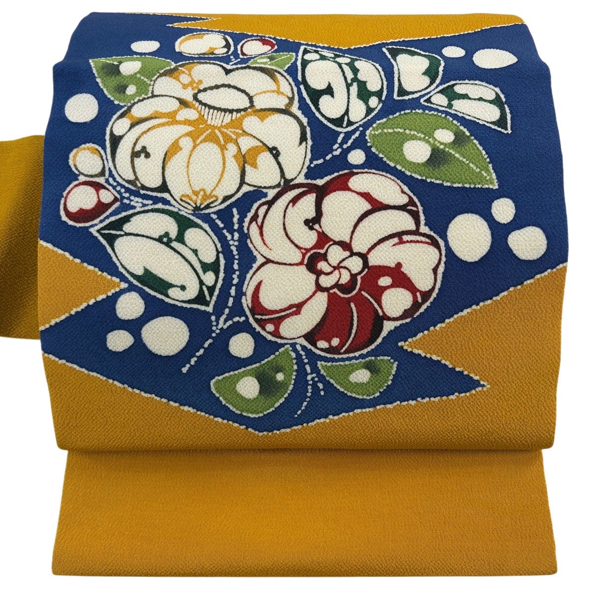 美品】 名古屋帯 秀品 椿 枝花 縮緬 山吹色 正絹｜中古・古着