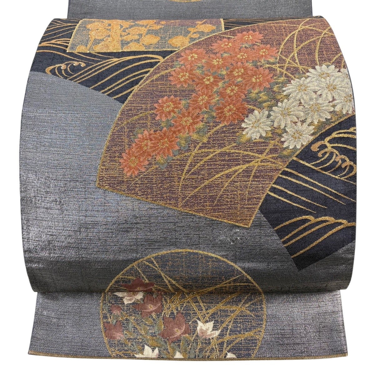 美品】 袋帯 秀品 清水六兵衛 関西仕立て 扇面 草花 金糸 箔 紫 六通