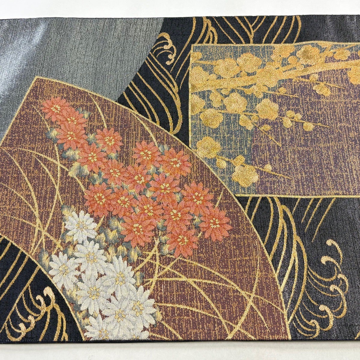 美品】 袋帯 秀品 清水六兵衛 関西仕立て 扇面 草花 金糸 箔 紫 六通