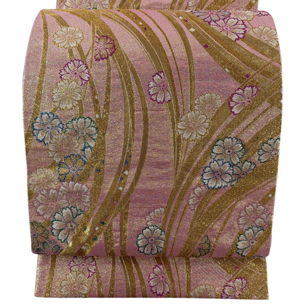 30%OFF 袋帯 名品 やまと 桜 花びら 金糸 箔 ピンク 六通 正絹 K30