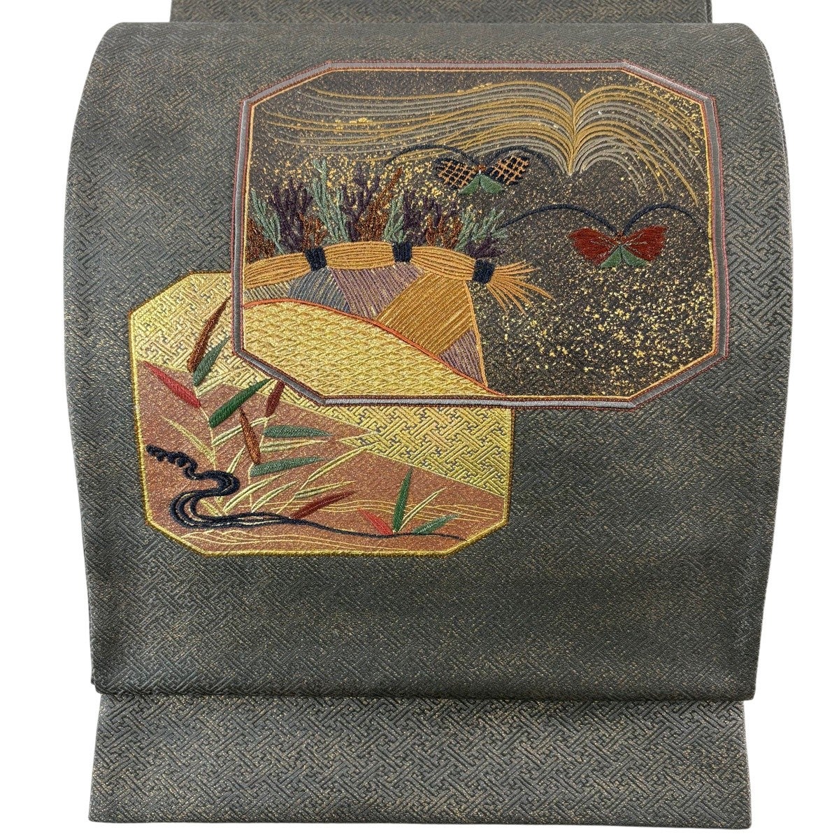 袋帯 秀品 桜 蝶 金彩 螺鈿 深緑 お太鼓柄 正絹｜中古・古着