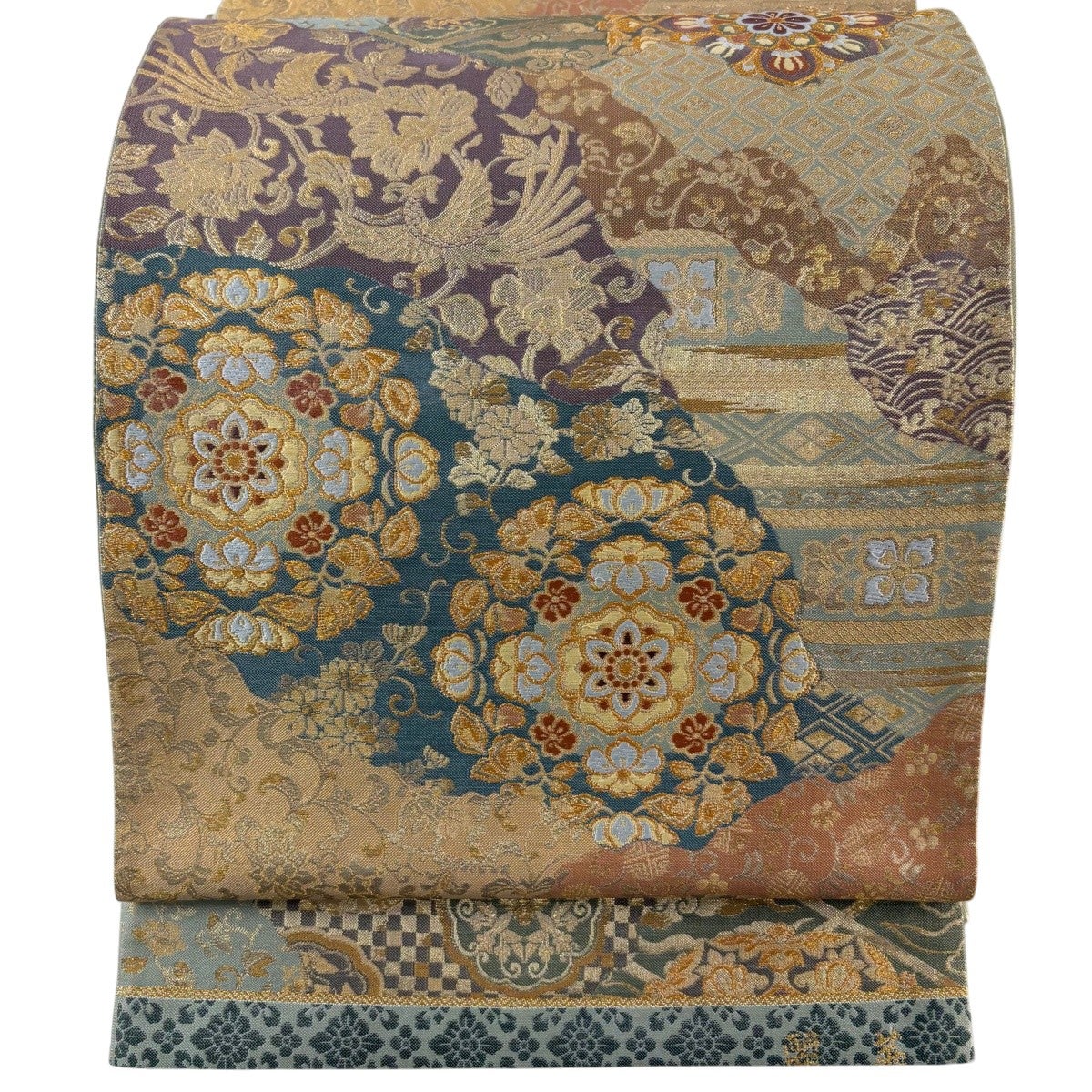 袋帯 秀品 関西仕立て 花鳥 華文 金銀糸 箔 緑 六通 正絹｜中古・古着