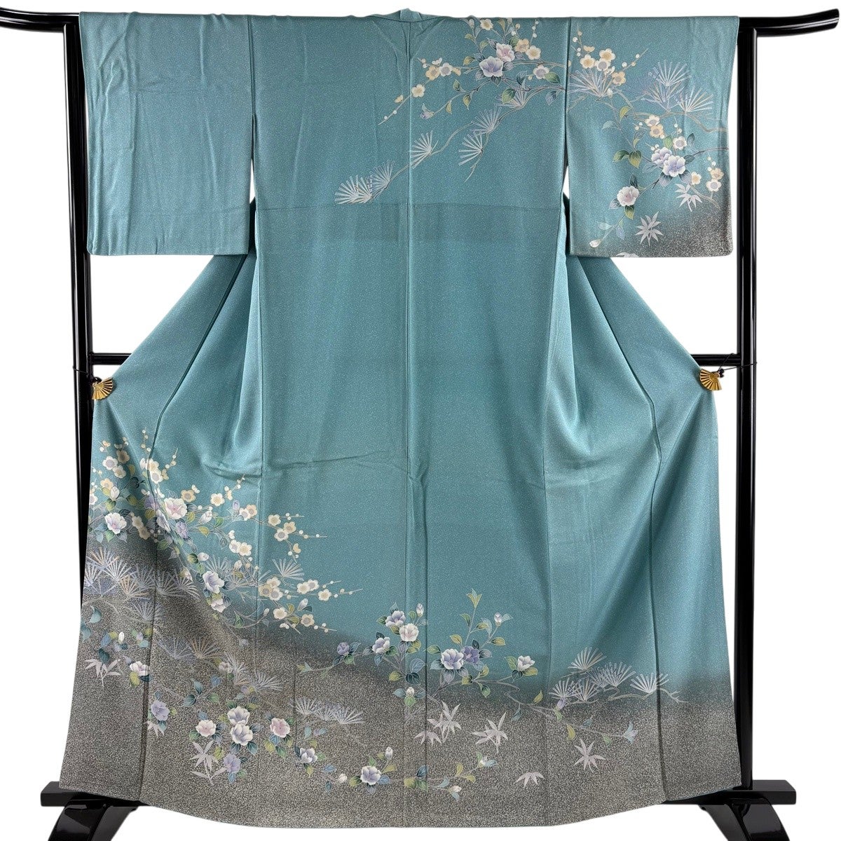 訪問着 身丈162.5cm 裄丈64cm M 袷 椿 松 ぼかし 青緑 正絹 秀品｜中古