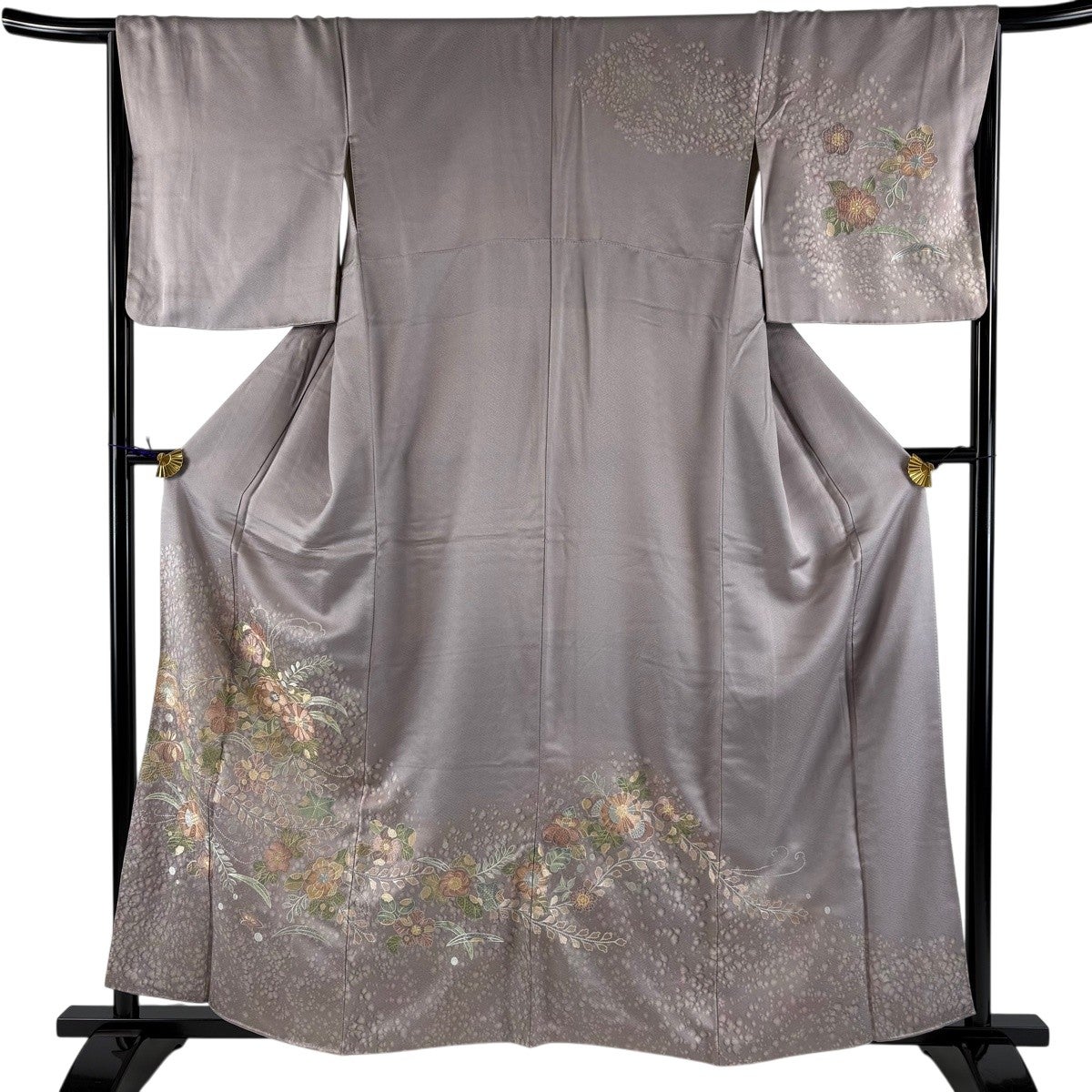 ★専用★ 未使用品 付け下げ 紬 ライトグレー 唐草花 袷 身丈159cm 訪問着 身丈159cm 裄丈67cm M 袷 草花 幾何学模様 刺繍 灰紫 正絹 秀品