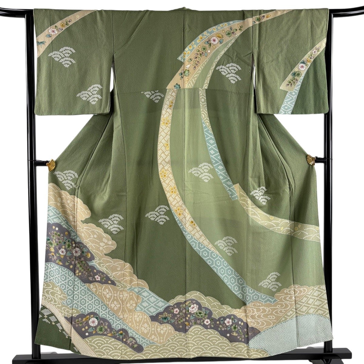 訪問着 身丈158cm 裄丈68cm L 袷 草花 七宝 金糸 総絞り 深緑 正絹 秀