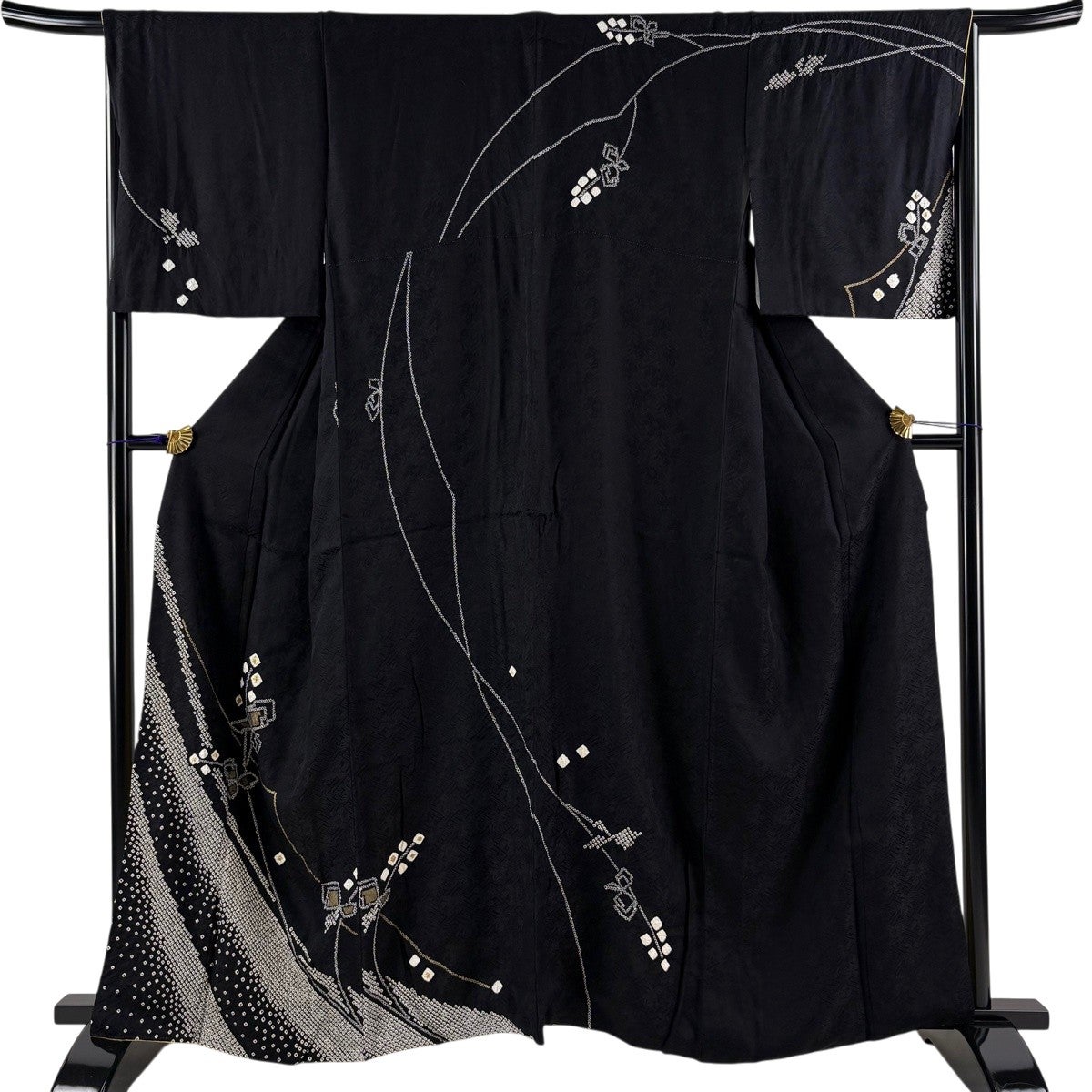 美品】 訪問着 身丈161cm 裄丈66.5cm M 袷 草花 幾何学模様 絞り 金彩