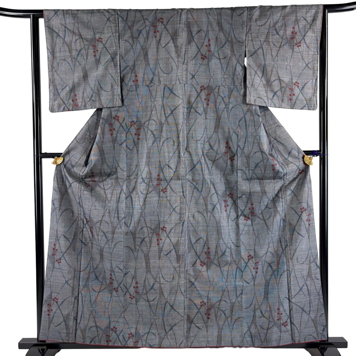 美品】 紬 身丈165cm 裄丈62.5cm S 袷 花唐草 黒灰 正絹 秀品｜中古