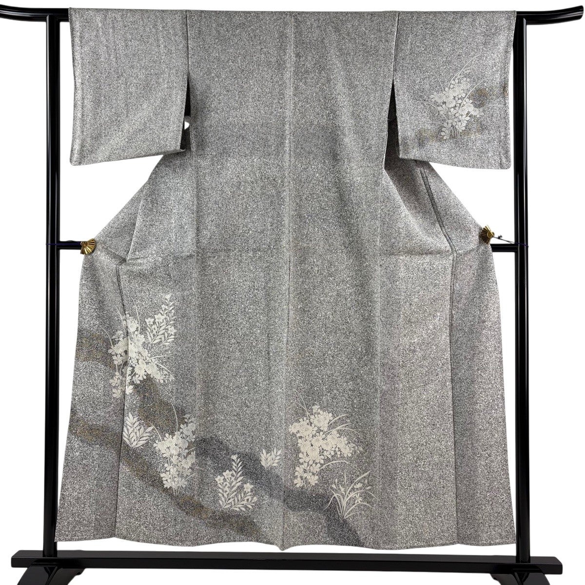美品】 付下げ 身丈155cm 裄丈62cm S 単衣 秋草 霞 金彩 黒灰 正絹 秀