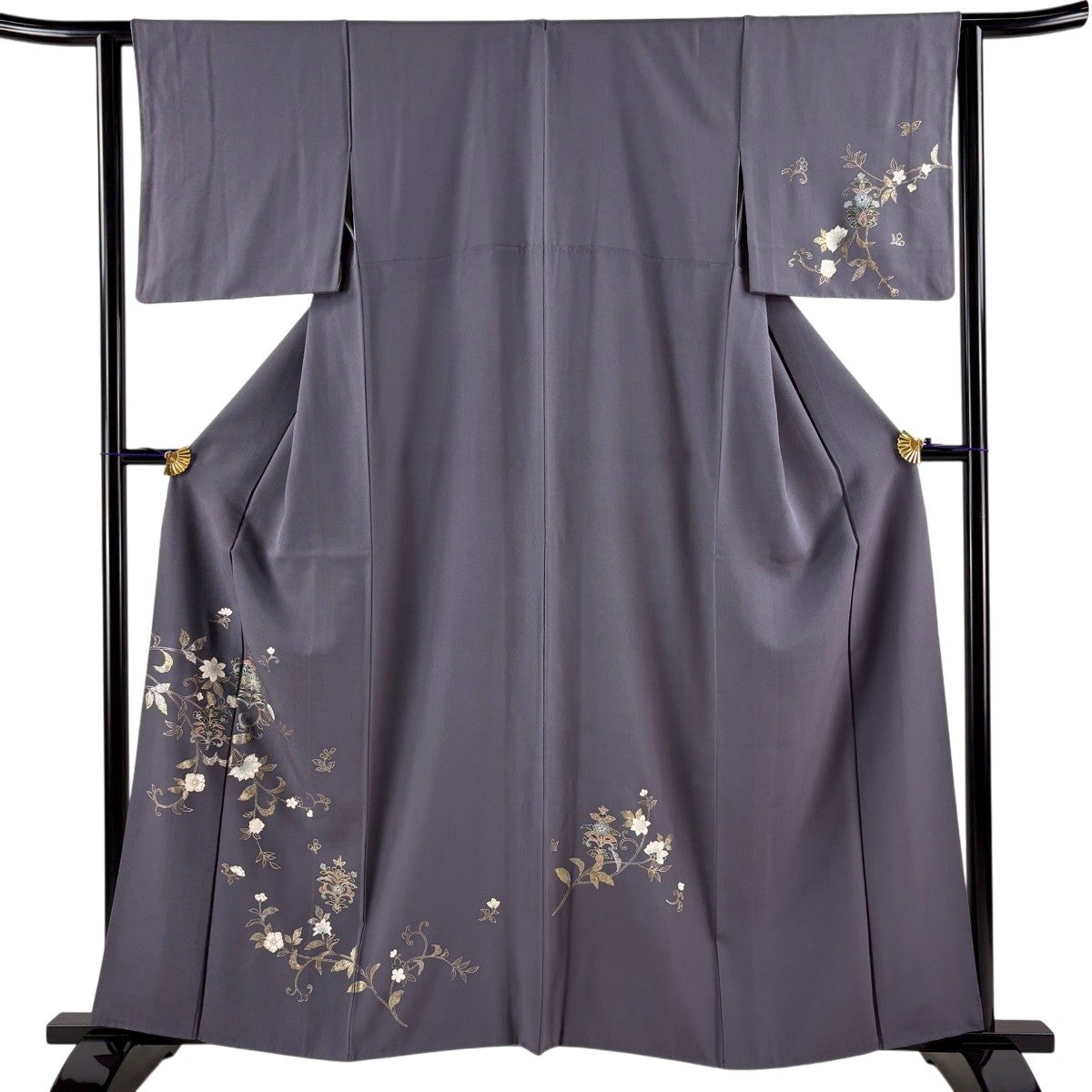 訪問着 身丈154cm 裄丈62.5cm S 袷 枝花 金彩 ぼかし 鶯色 正絹 秀品