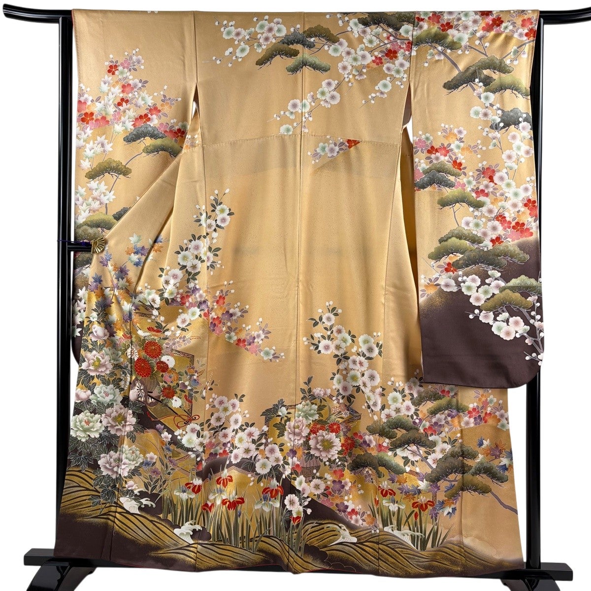 振袖 身丈159cm 裄丈64cm M 袷 花車 草花 金糸 金彩 薄茶色 正絹 秀品