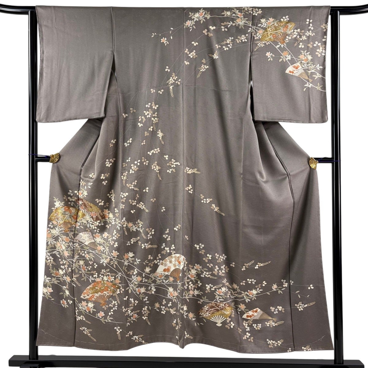 訪問着 身丈161cm 裄丈62.5cm S 袷 鈴乃屋 扇面 草花 金糸 金彩 茶色