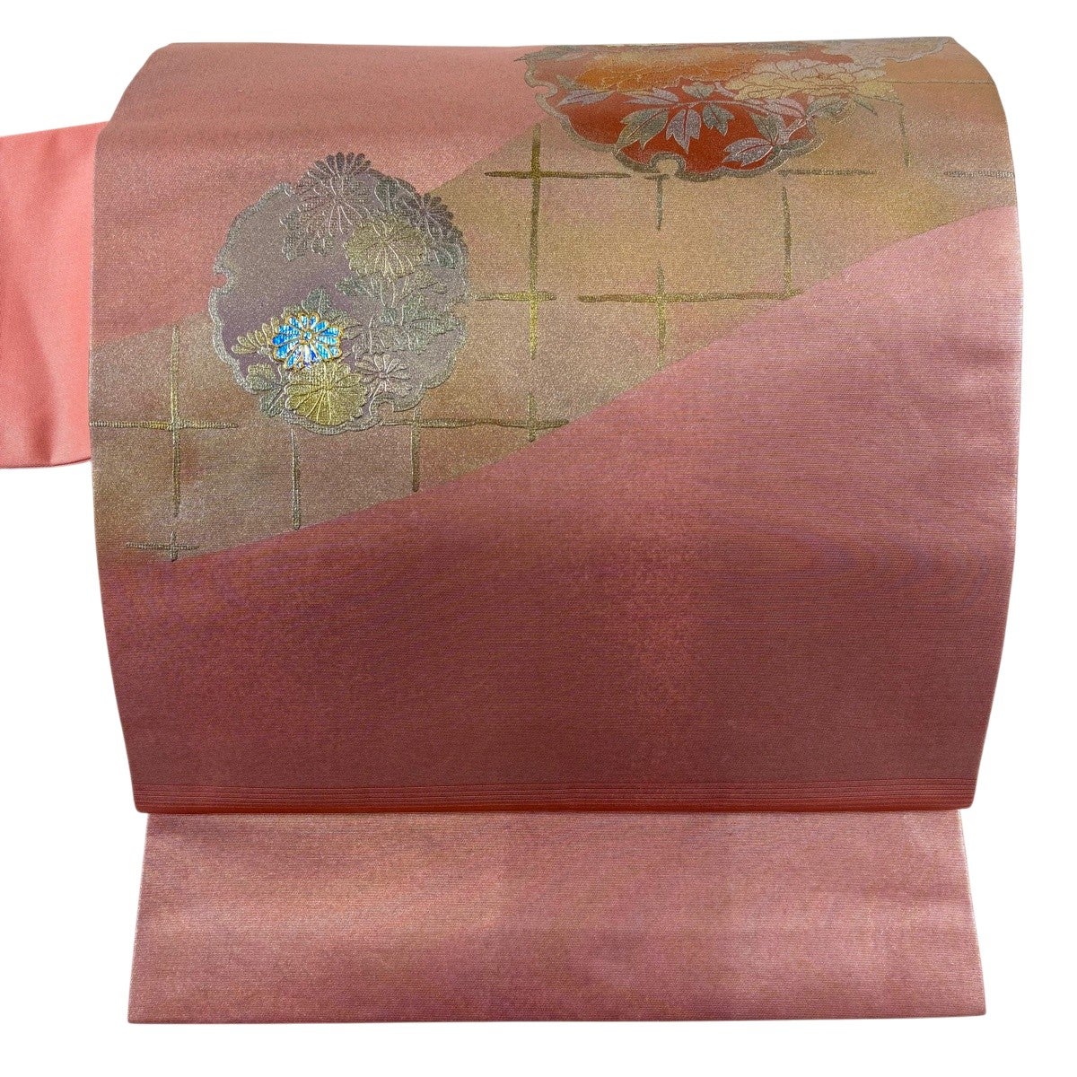 美品】 名古屋帯 秀品 紬地 幾何学 霞 金銀彩 ピンクベージュ 正絹