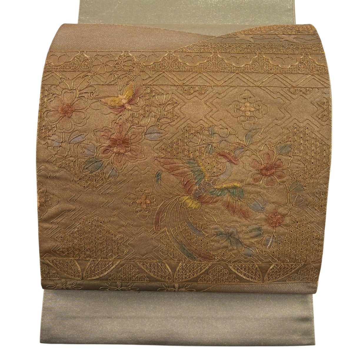 袋帯 秀品 桜 蝶 金彩 螺鈿 深緑 お太鼓柄 正絹｜中古・古着