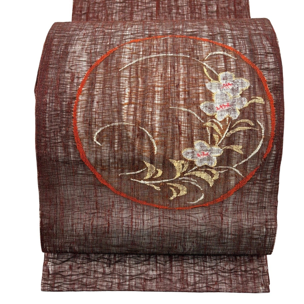 袋帯 秀品 紬地 花鳥 唐草 刺繍 赤茶 お太鼓柄 正絹｜中古・古着 