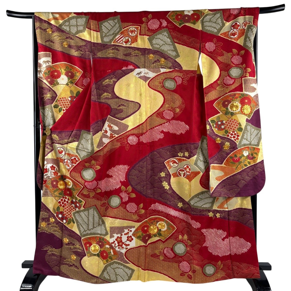 70%OFF 振袖 身丈167cm 裄丈67.5cm L 袷 桜 扇面 金彩 ぼかし 赤紫