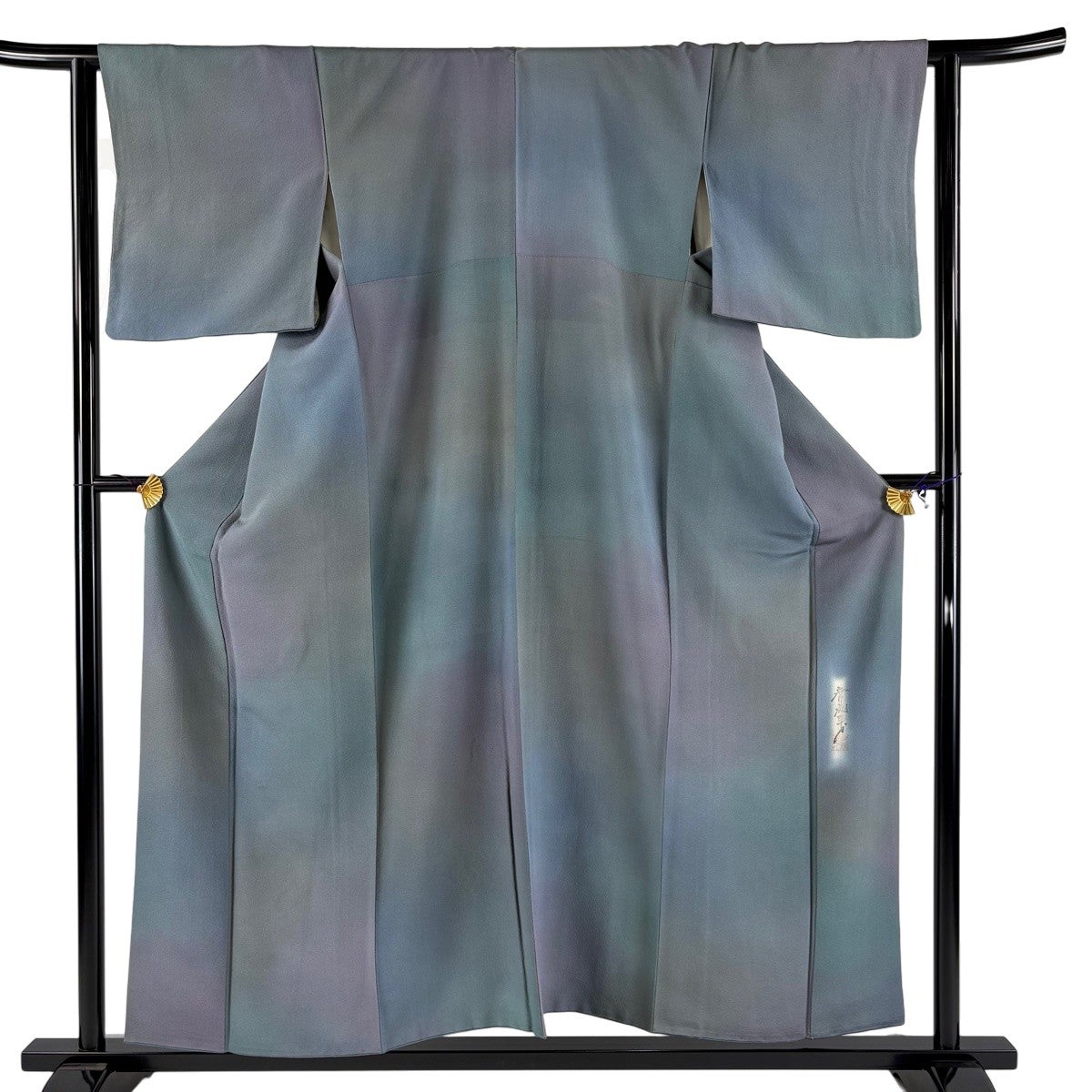 【美品】 小紋 身丈153.5cm 裄丈63cm 正絹 秀品 【中古】 小紋 身丈153.5cm 裄丈63cm S 袷 落款あり 木目柄 青灰色 正絹 秀品 一