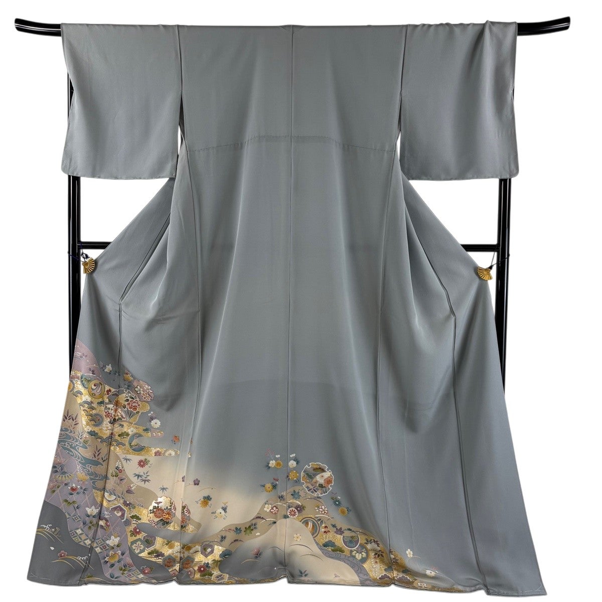 色留袖 身丈158cm 裄丈62cm 正絹 秀品 【中古】 色留袖 訪問着仕立て レディース 正絹 灰 金 流水 扇 身丈158cm 裄丈
