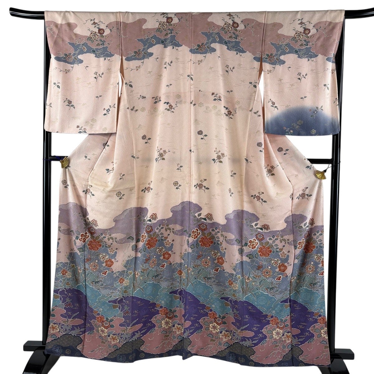 美品】 訪問着 身丈160.5cm 裄丈67cm M 袷 草花 霞 金彩 ピンク 正絹