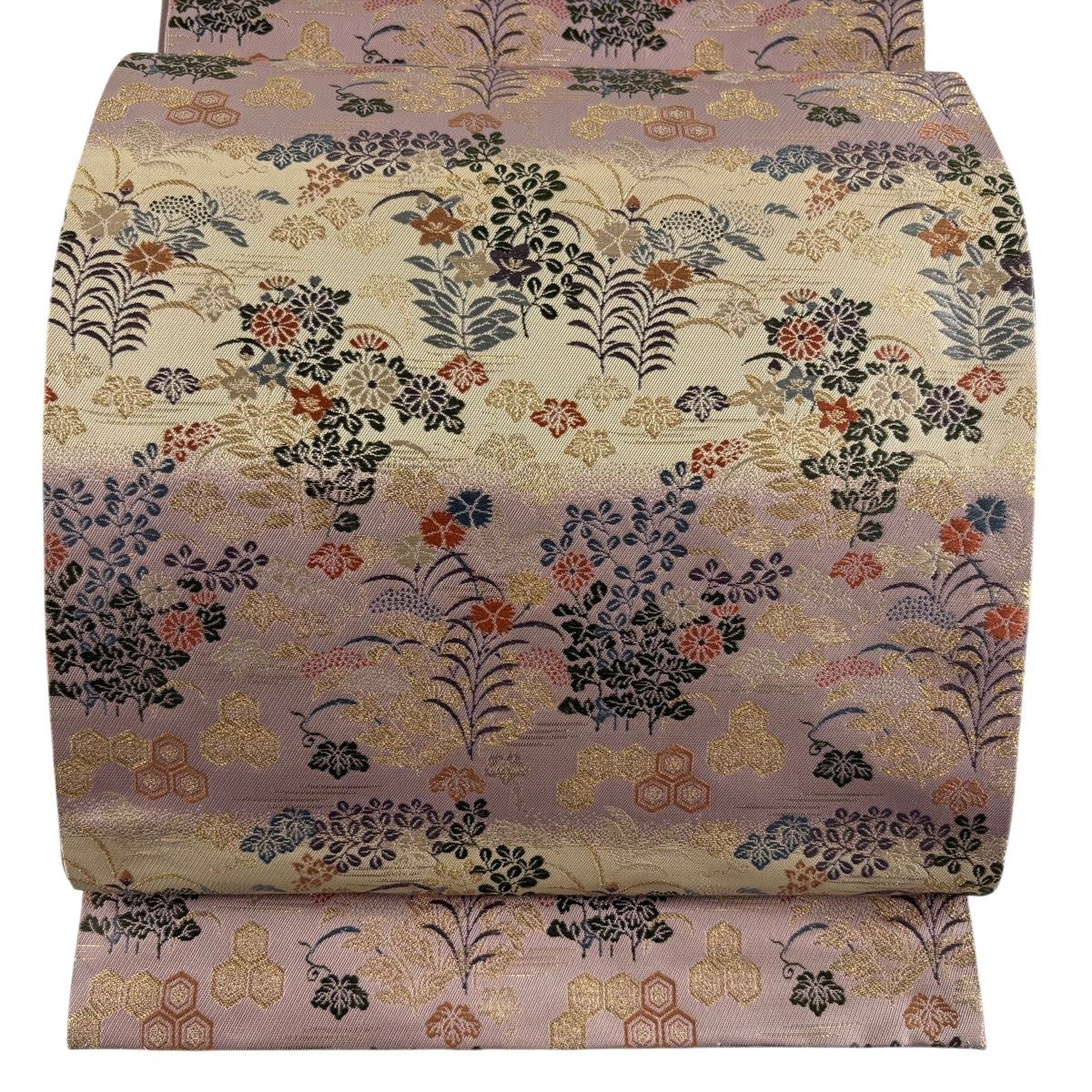 70%OFF 【美品】 袋帯 秀品 草花 亀甲 金糸 薄紫 六通 正絹 K70｜中古