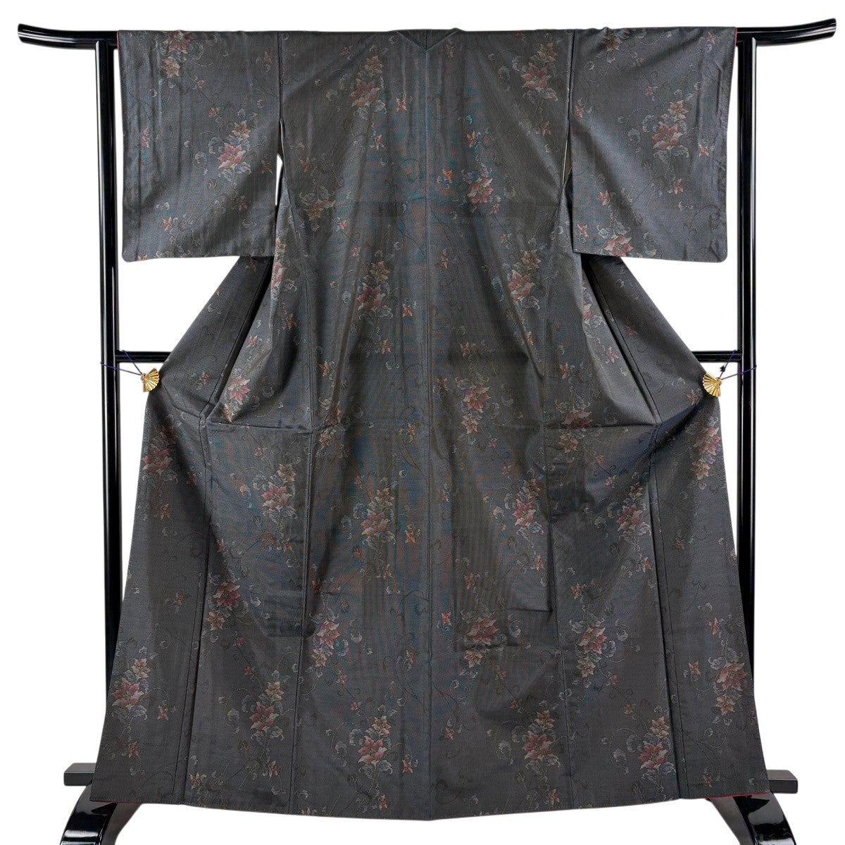 美品】 紬 身丈159.5cm 裄丈62.5cm S 袷 葡萄唐草 幾何学 黒灰 正絹 秀