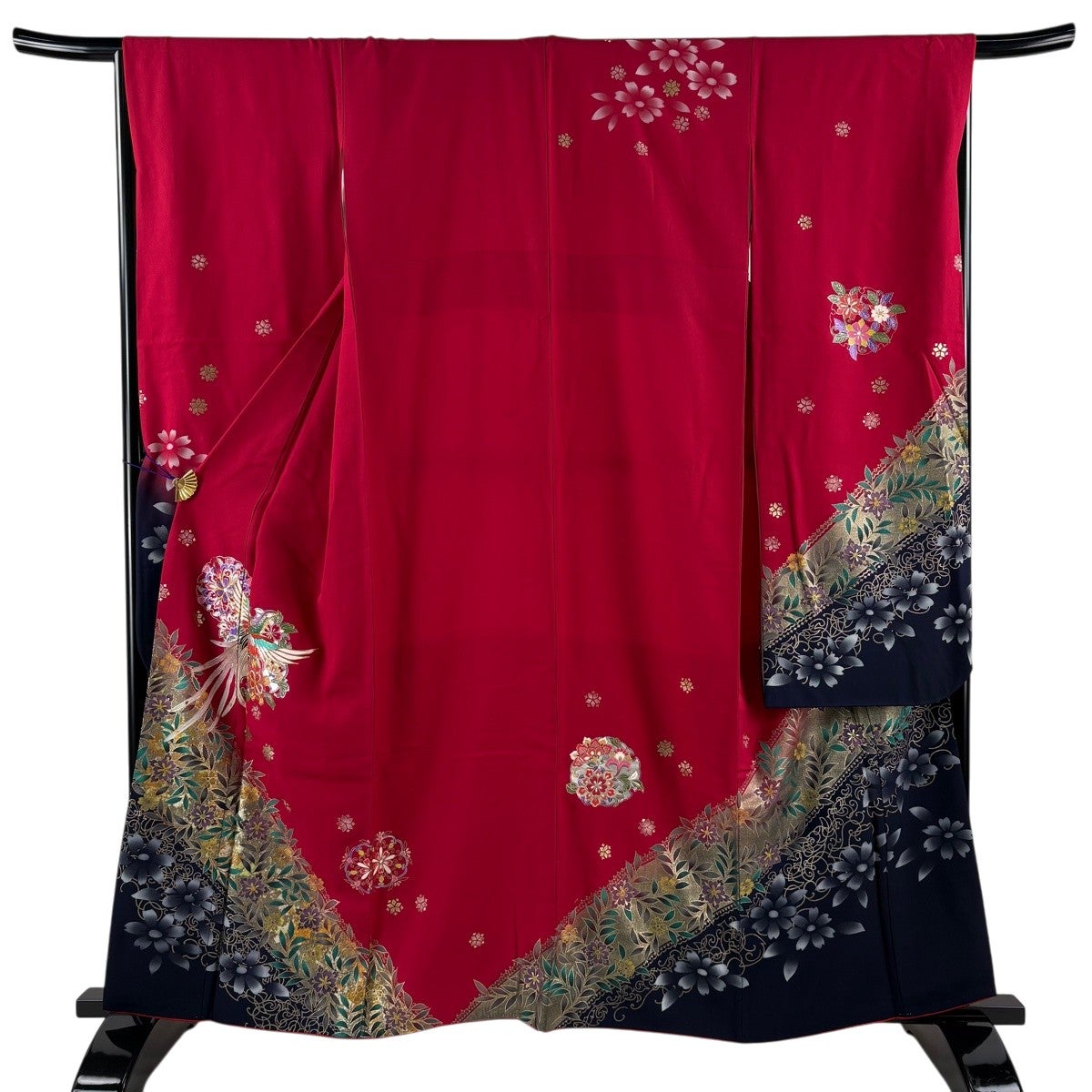 振袖 美品 名品 身丈158cm 裄丈67cm 正絹 【中古】 振袖 身丈158cm 裄丈65cm M 袷 鶴 扇 金糸 金彩 赤 正絹 秀品｜中古