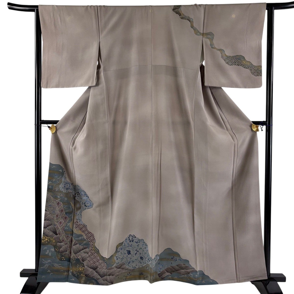 訪問着 身丈162cm 裄丈64cm M 袷 道長取り 花唐草 金彩 灰茶 正絹 秀品