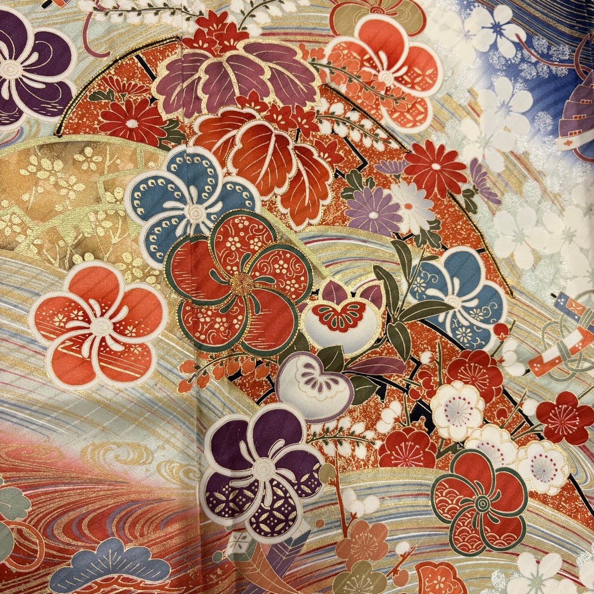 紺×茶 吉祥 華文 振袖 身丈162 振袖 身丈162cm 裄丈64.5cm M 袷 松竹梅 波 金糸 金彩 紺色 正絹 秀品