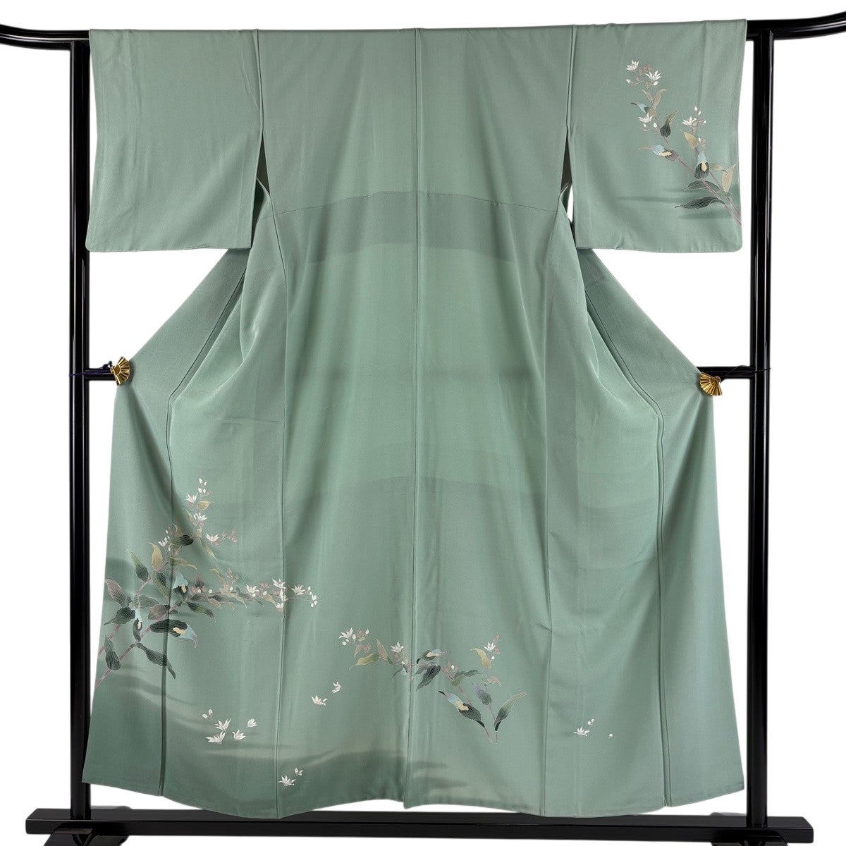 付下げ 身丈167.5cm 裄丈65cm M 袷 松笠 松葉 金糸 金彩 灰緑 正絹 秀