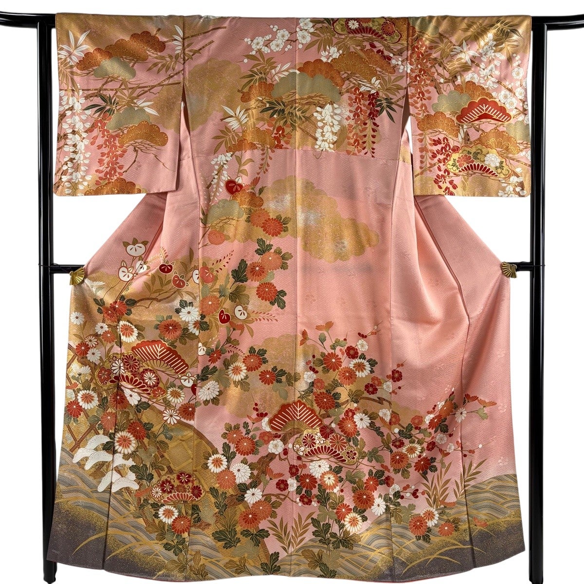 訪問着 身丈159cm 裄丈66cm M 袷 鈴乃屋 橋 笠松 金糸 金銀彩 ピンク