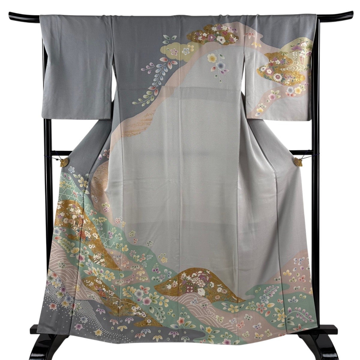 【極美品 大きいサイズ】伝統的な着物 緑とグレーと金糸のグラデーション 訪問着 身丈161cm 裄丈67.5cm L 袷 やまと 御所車 草花 金糸 金銀彩