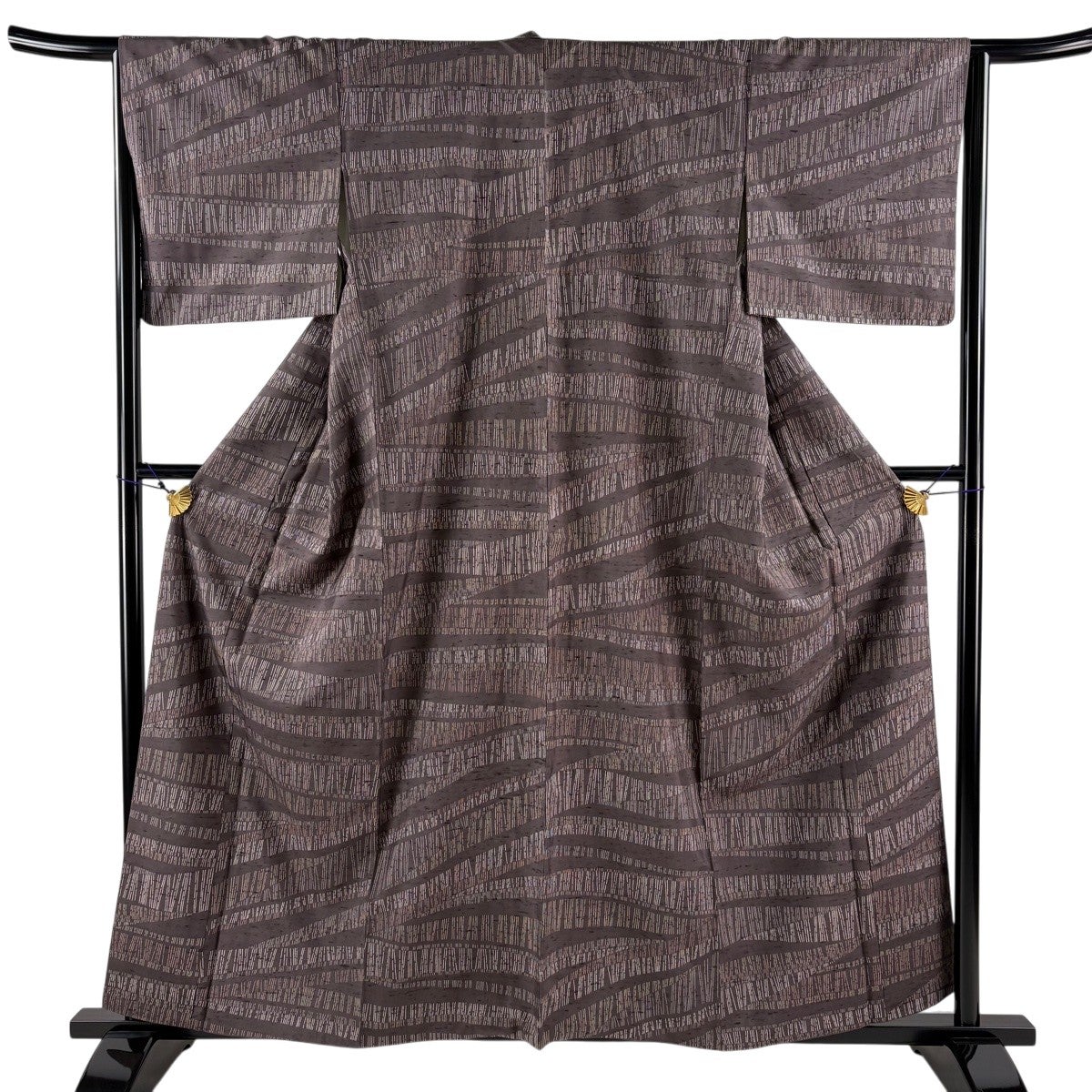 美品】 小紋 身丈159cm 裄丈65.5cm M 袷 紬地 幾何学模様 縞 茶紫 正絹