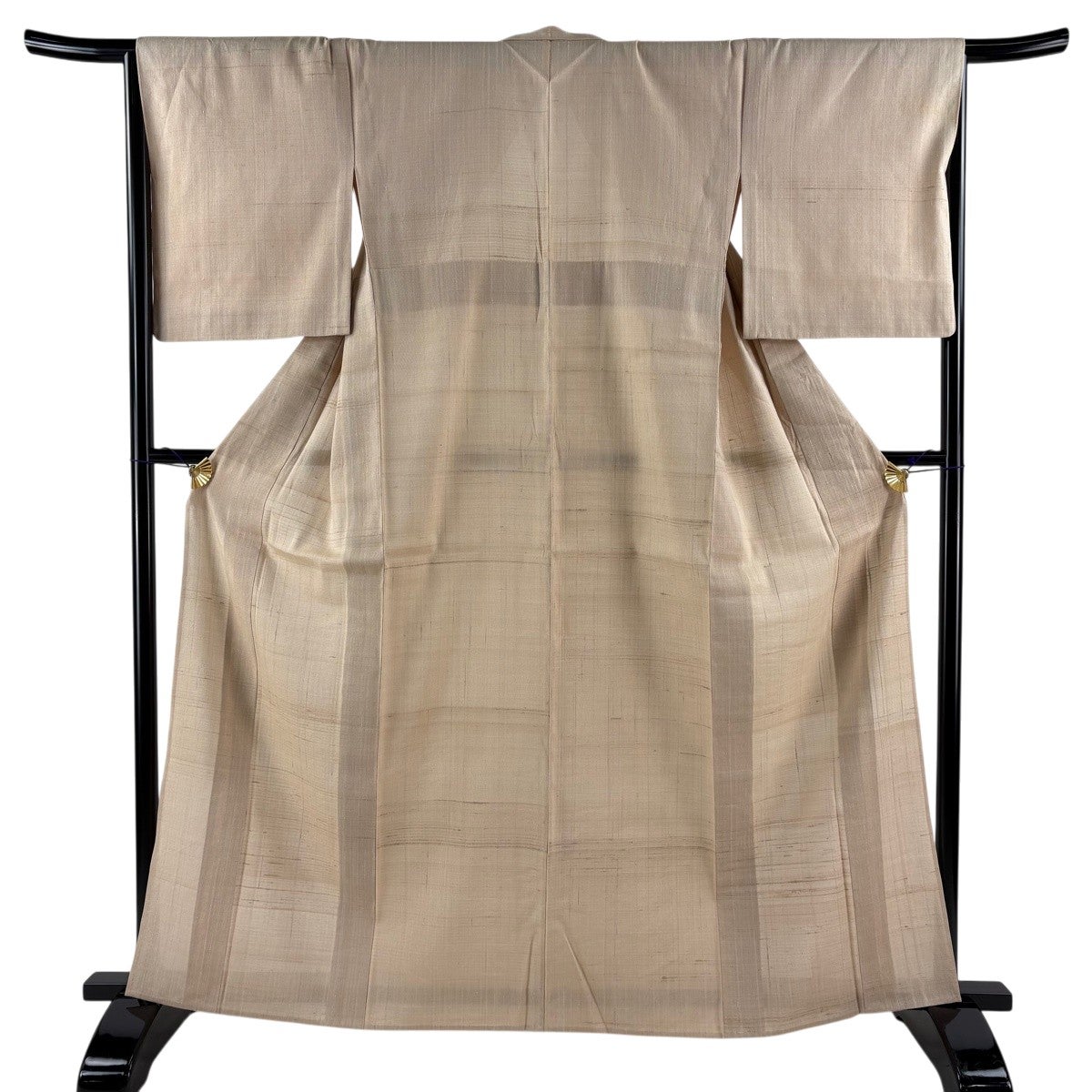 美品】 紬 身丈168.5cm 裄丈66cm M 単衣 縞 ベージュ 正絹 名品｜中古