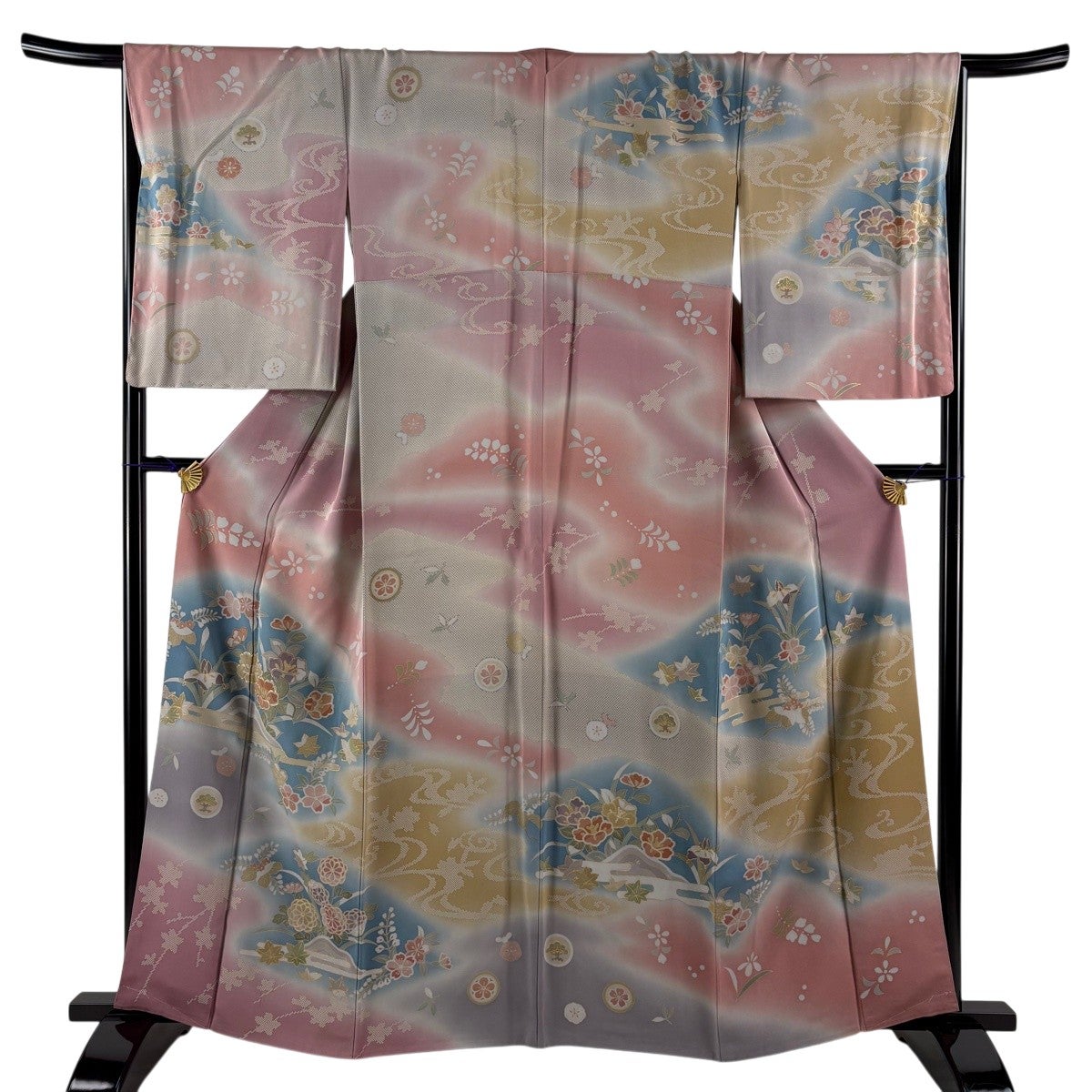 訪問着 身丈162.5cm 裄丈66.5cm M 袷 草花 ヱ霞 金糸 金彩 ピンク 正絹