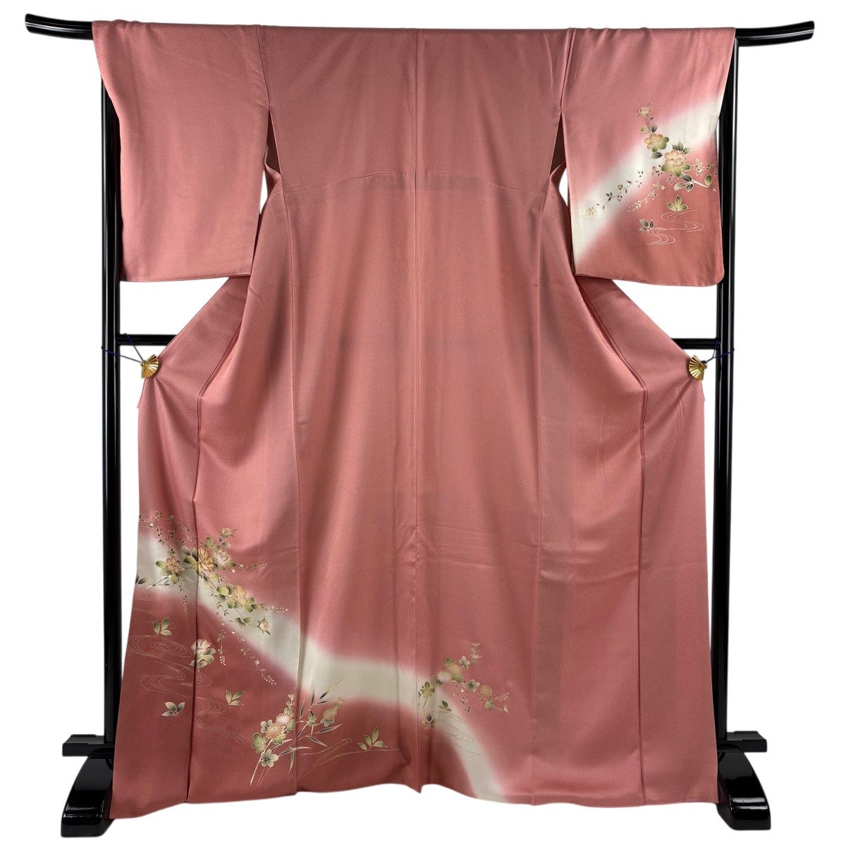 訪問着 身丈173.5cm 裄丈67cm M 袷 菊 流水 金糸 金彩 ピンク 正絹 秀