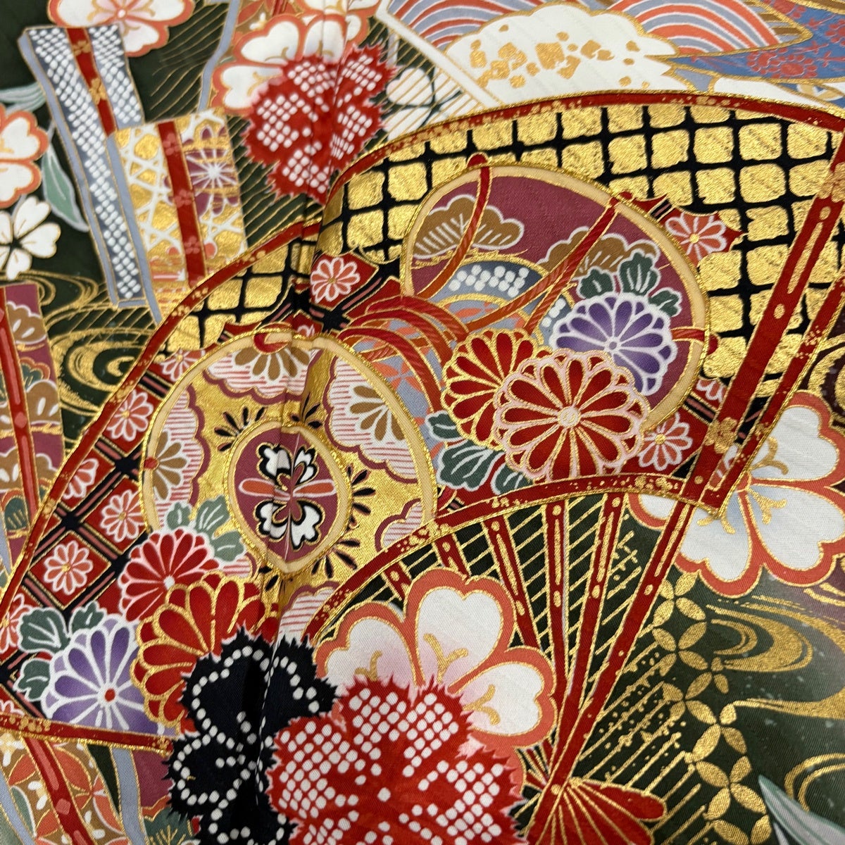 振袖 身丈156cm 裄丈65.5cm M 袷 扇 桜 金糸 金彩 深緑 正絹 秀品