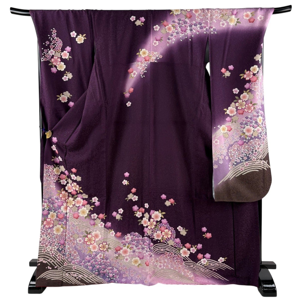 振袖　紫系　濃い紫　桜　 鞠　 熨斗柄 銀通し　正絹 美品】振袖 身丈172cm 裄丈73cm L 袷 桜 波 銀通し 箔 紫 正絹 名品