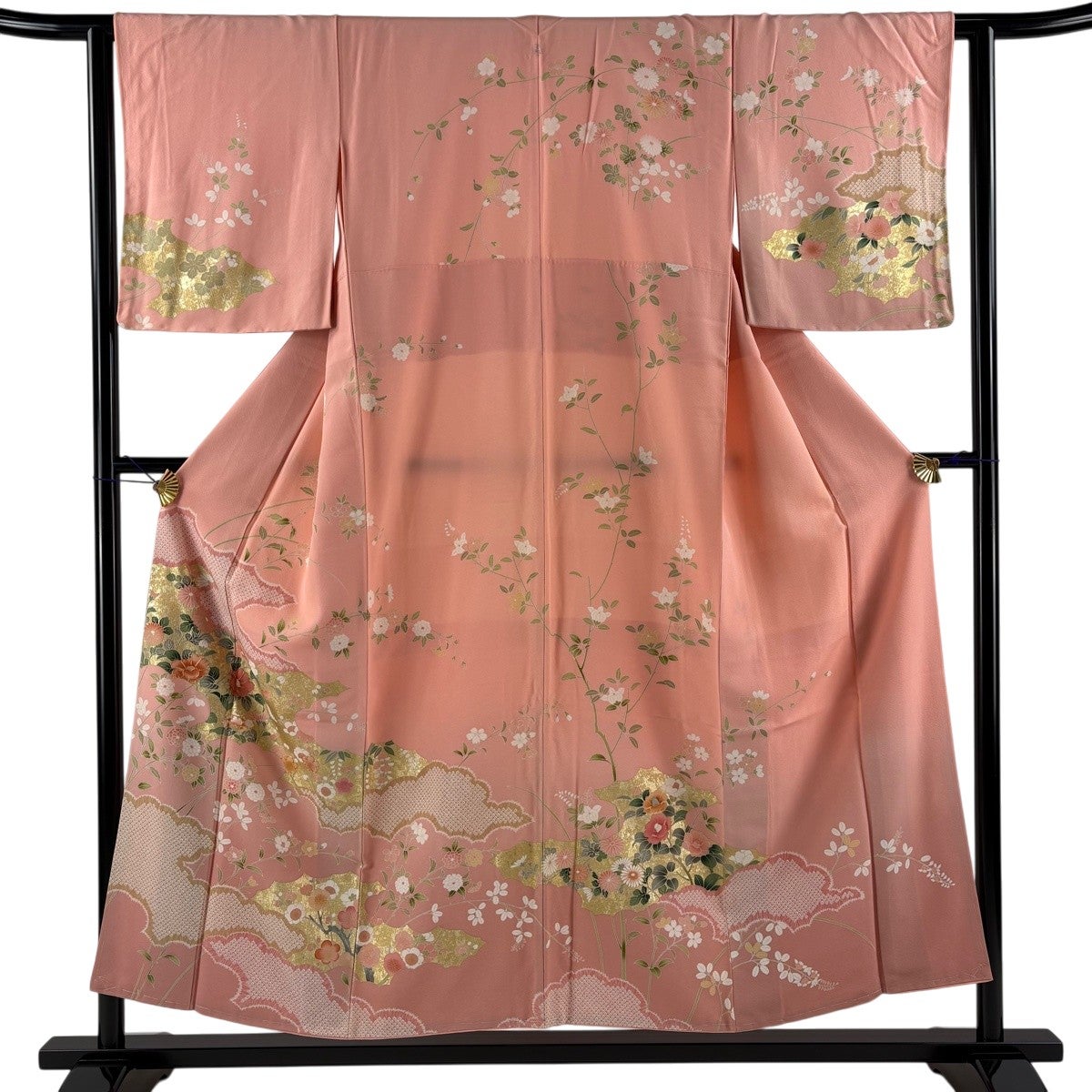 【着物】付下げ　金彩　短冊に花文　身丈約157cm　裄丈約64cm　25z02-919 訪問着 身丈157cm 裄丈63.5cm S 袷 草花 ヱ霞 金彩 染め分け ベージュ