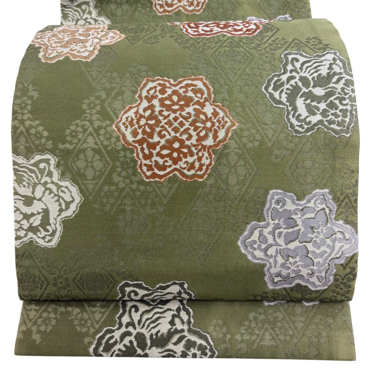 美品】 名古屋帯 秀品 松葉仕立て 草花 菱 茶緑色 正絹｜中古・古着