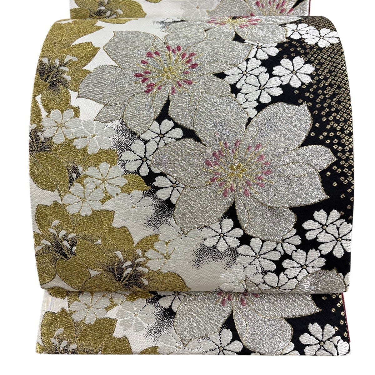 A 182袋帯 六通柄 箔　螺鈿 花草　美品 正絹 着物 美品】 袋帯 秀品 草花 鶴 金糸 箔 灰白 六通 正絹｜中古・古着