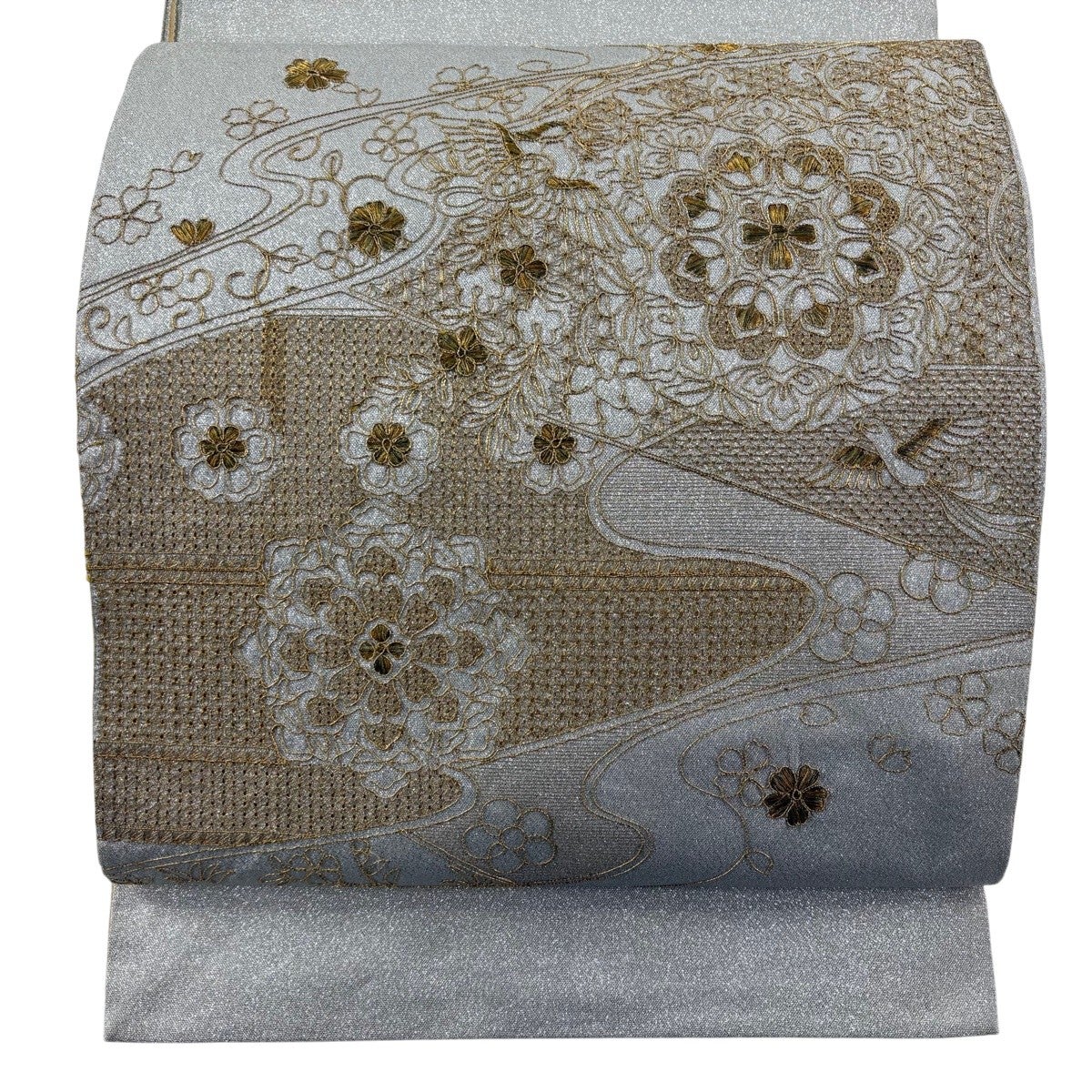 袋帯 名品 向かい鳥 華文 金糸 相良刺繍 ピンクベージュ お太鼓柄 正絹
