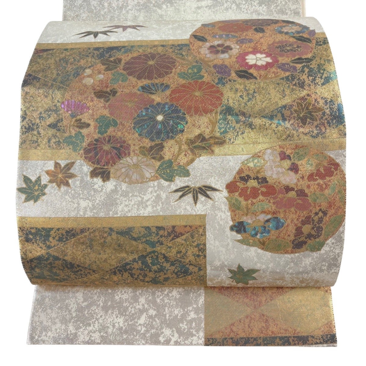 袋帯 秀品 華文 花鳥 螺鈿 箔 鶯色 お太鼓柄 正絹｜中古・古着