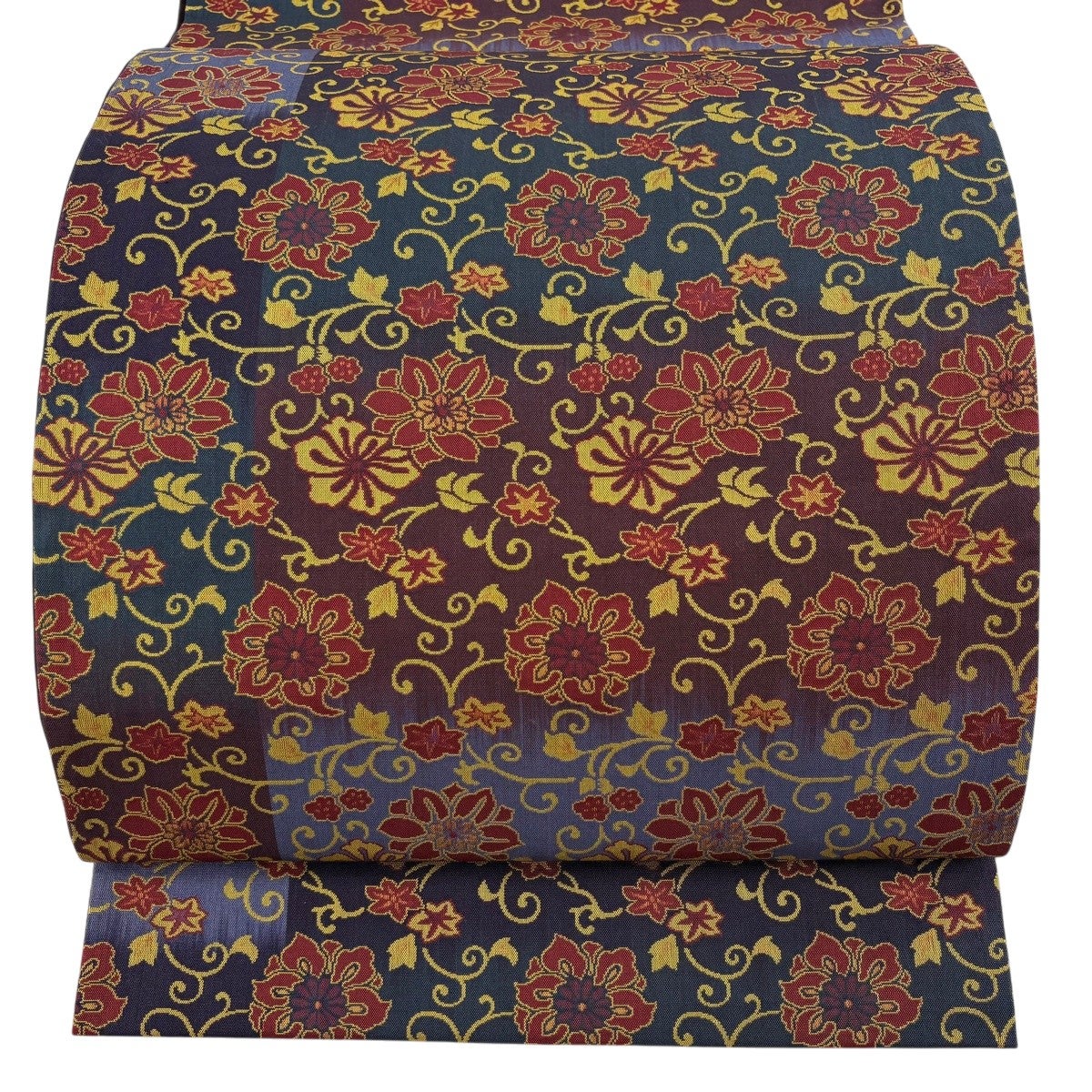 イハナ アンティーク京袋帯・昼夜帯　レトロな花模様　花唐草グ正絹　N-26 美品】 袋帯 秀品 花唐草 幾何学模様 えんじ色 全通 正絹｜中古・古着