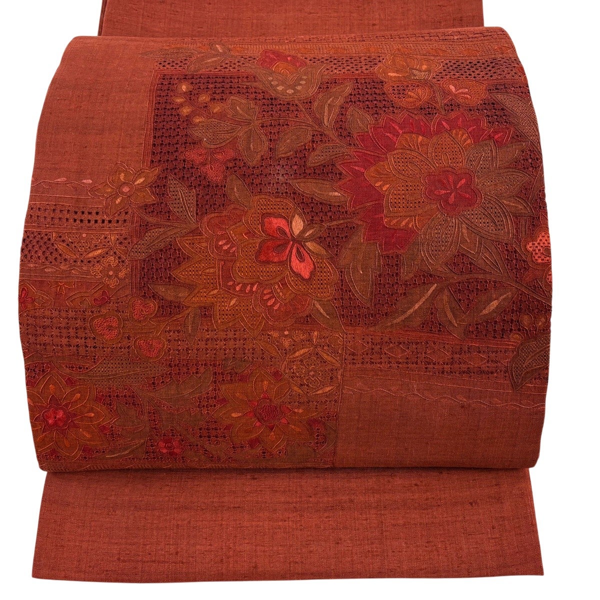 MO-3256 袋帯 紬 草花模様 赤茶色 カジュアル 美品】 袋帯 秀品 全通 紬地 草花 幾何学 赤茶 全通 正絹｜中古・古着