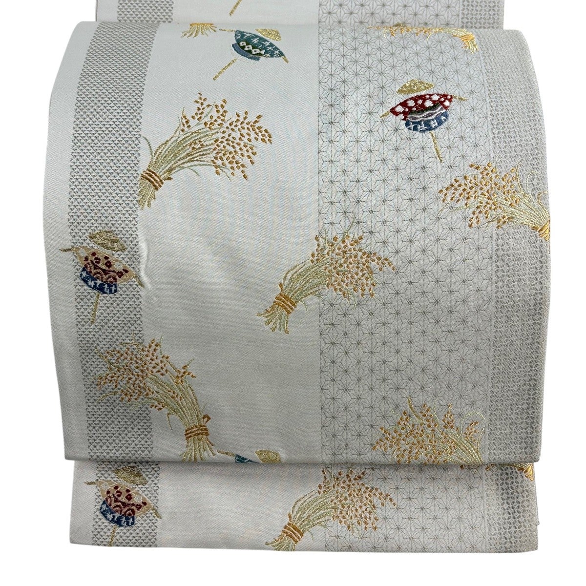 袋帯 名品 花唐草 花 銀糸 刺繍 灰色 六通 正絹｜中古・古着